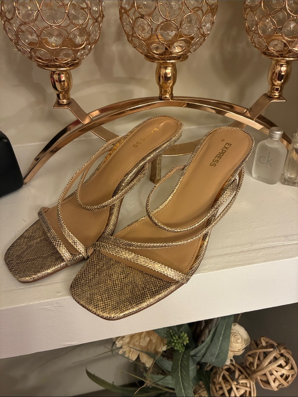 Express Metallic Gold Square-Toe Strappy Mules